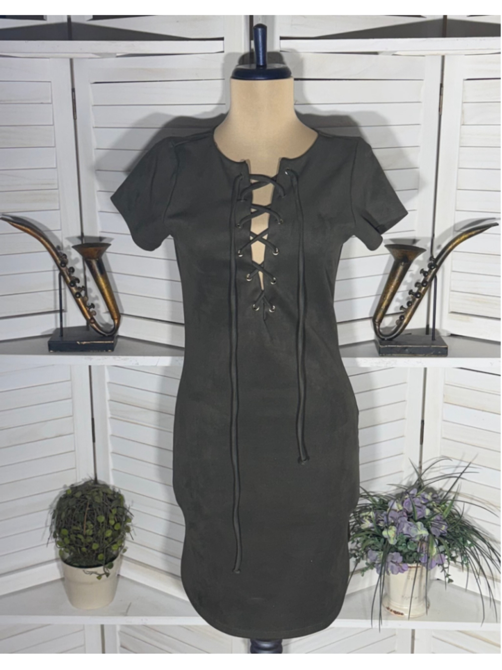 Vintage 90s Y2k dress faux suede green cage neck pixie fairy tinkerbell Ren Fair